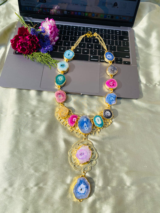 Multi Agate on Web Necklace