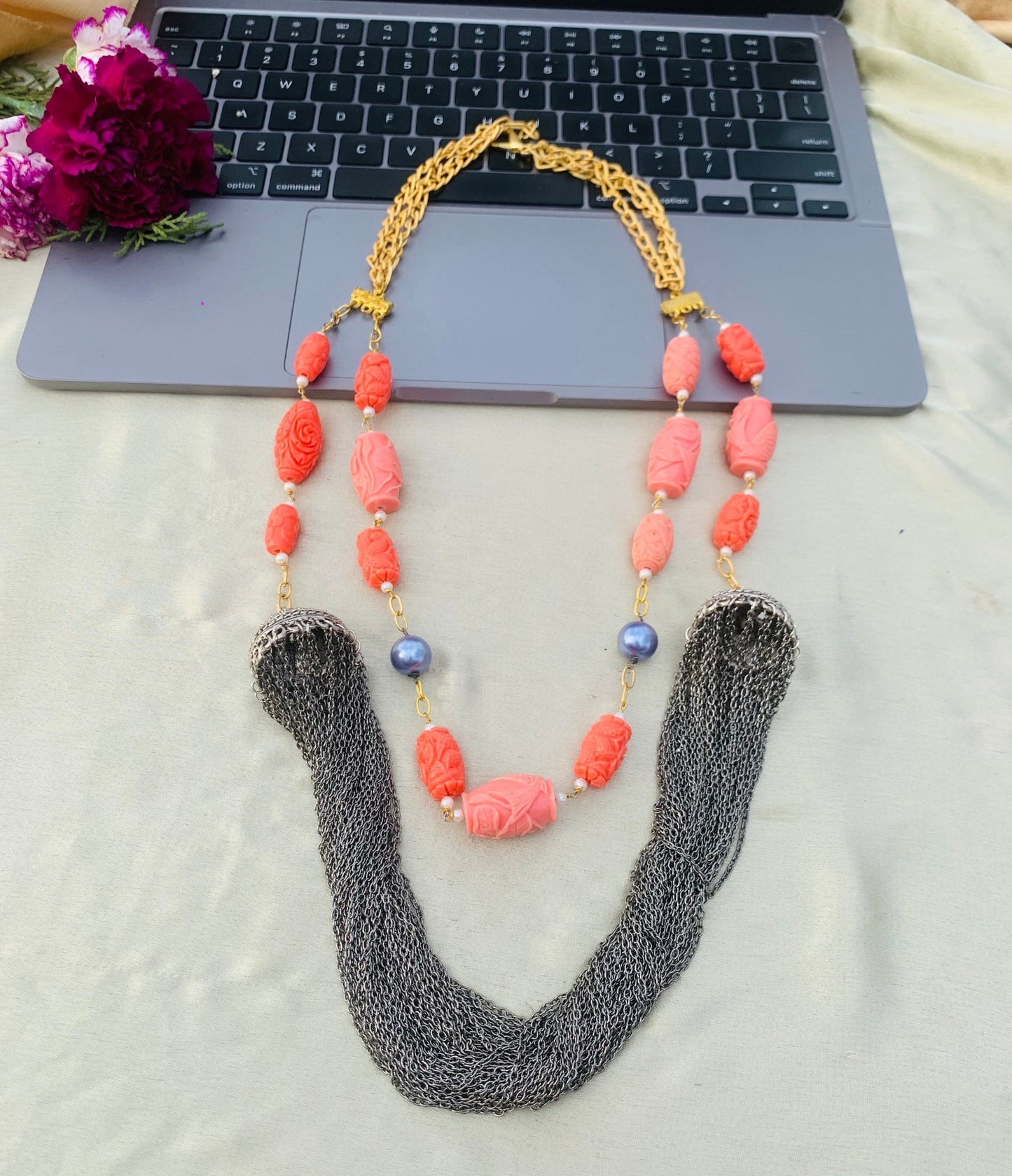 Threads Of Coral Beaded Necklace