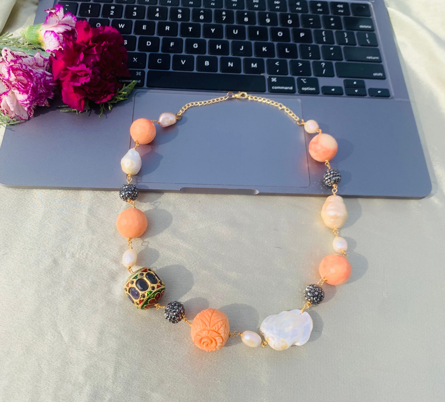 Witty and Wise Coral Pearl Necklace