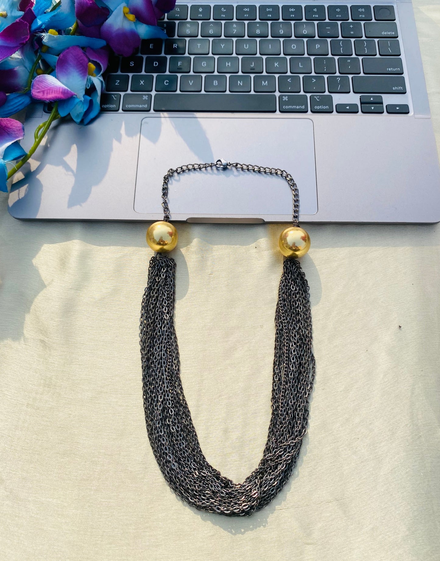 Grey Threads Of Golden Balls Necklace