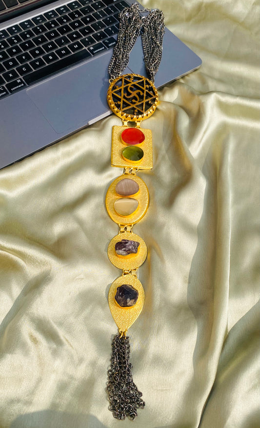 Wooden Wheel Amethyst Long Necklace