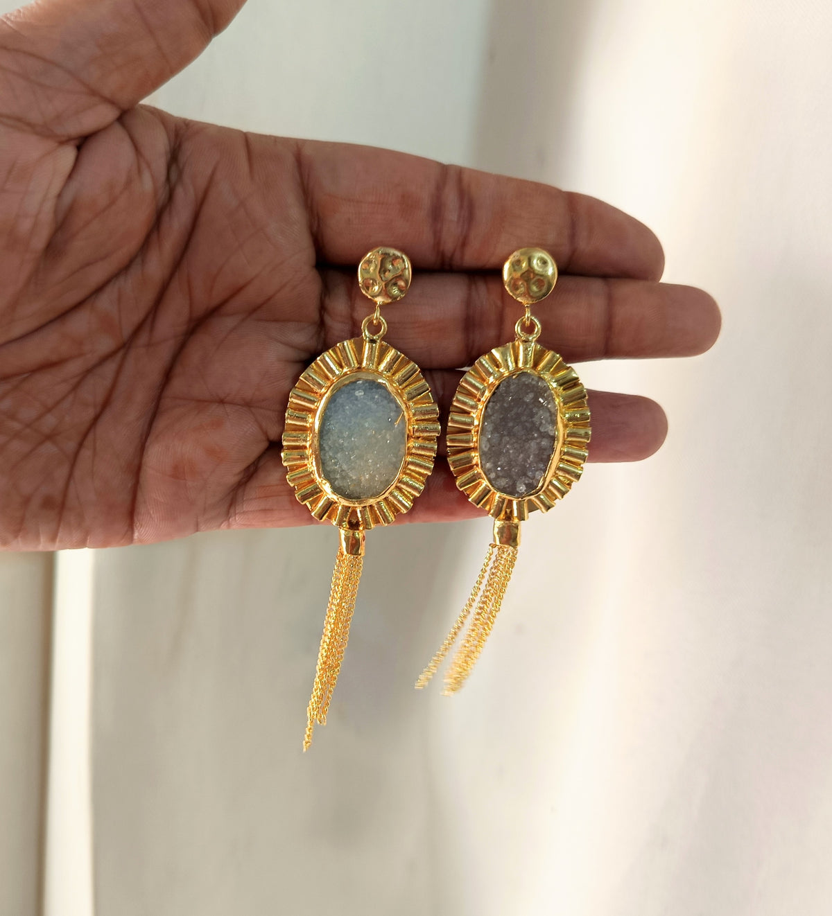 Elegant Gold Druzy Oval Dangle Earrings