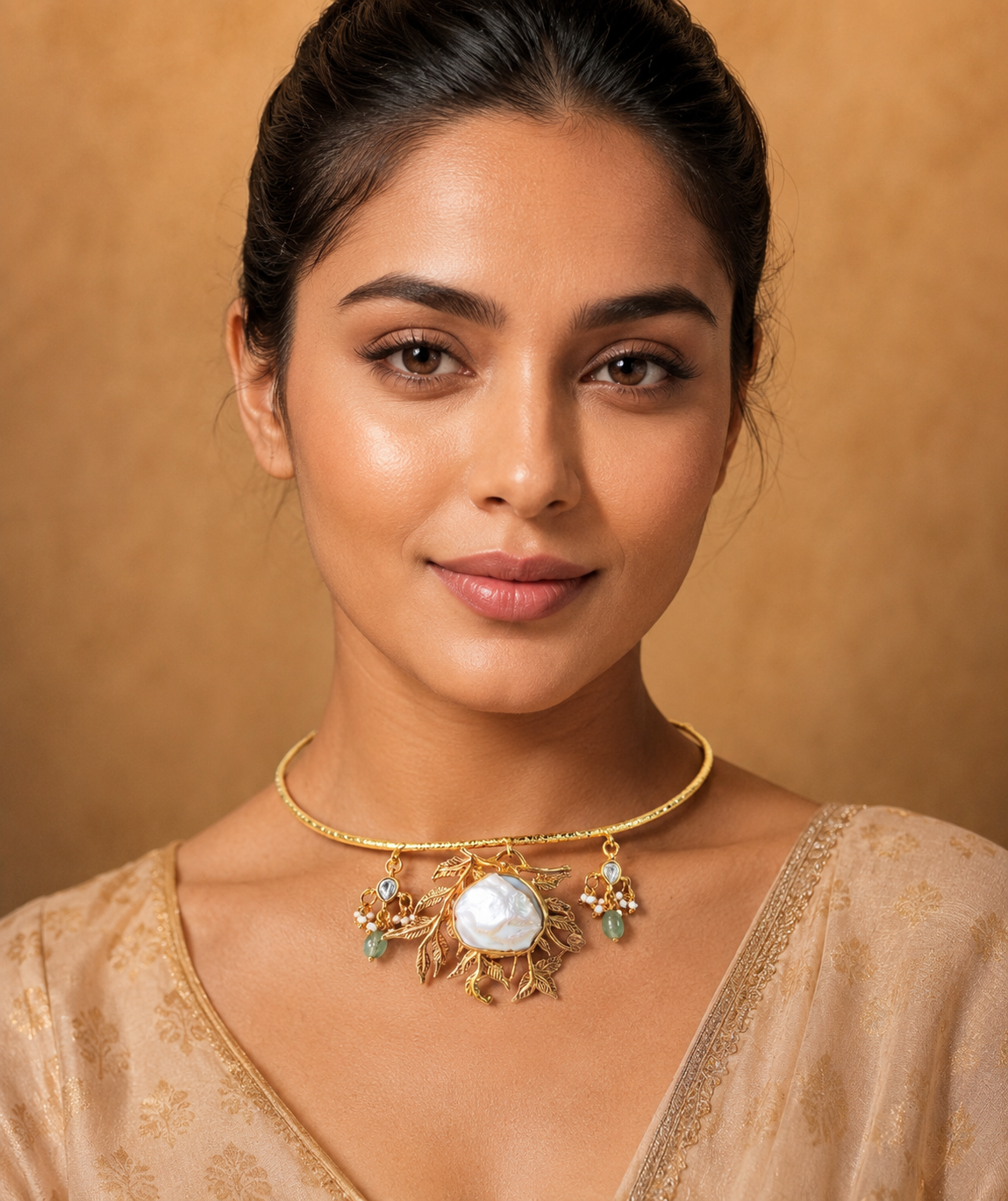 Designer Gold Hasli with Pearl Pendant & Green Beaded Earrings