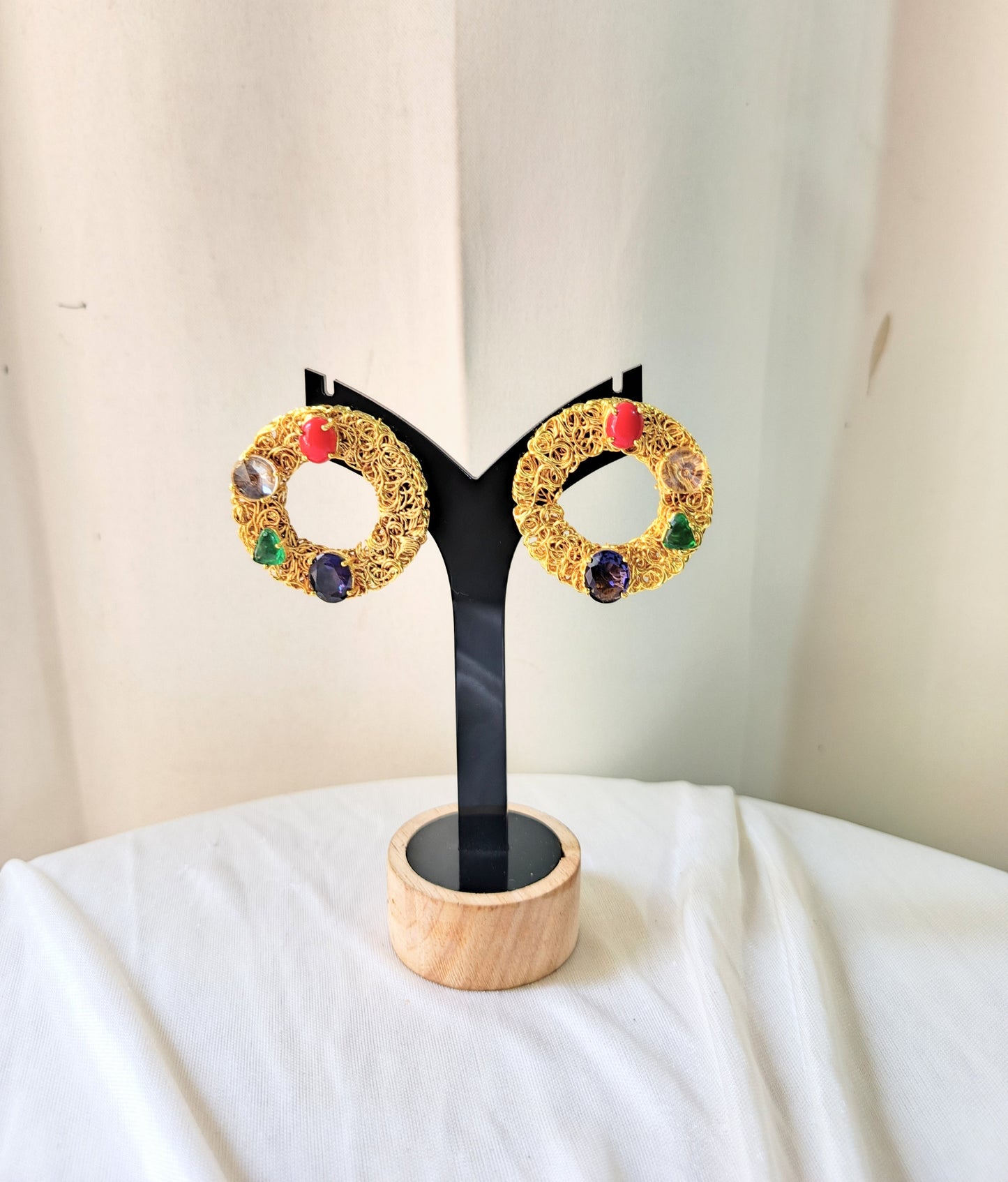Gold Filigree Circle Earrings with Multicolor Gemstones