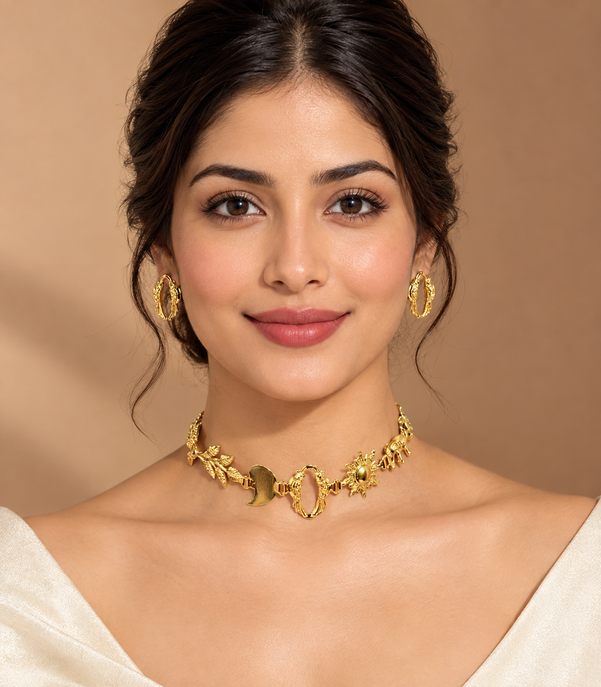 Traditional Gold-Tone Choker Necklace with Earrings