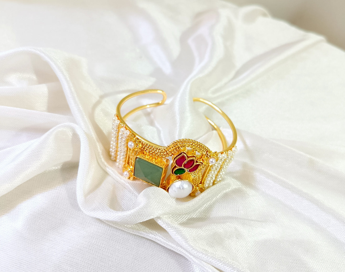 Royal Kundan Pearl & Green Stone Gold-Plated Statement Handcuff