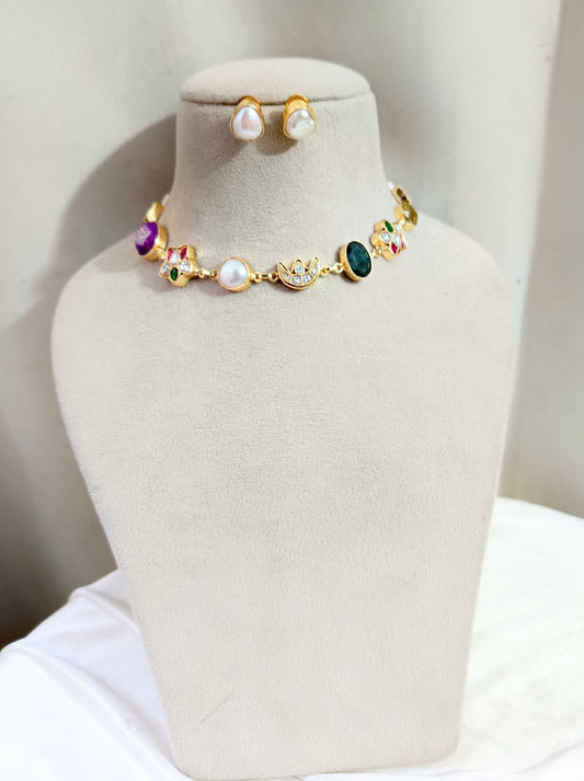 Designer Kundan Gold-Plated Multicolor Stone Choker Set with Pearl Stud