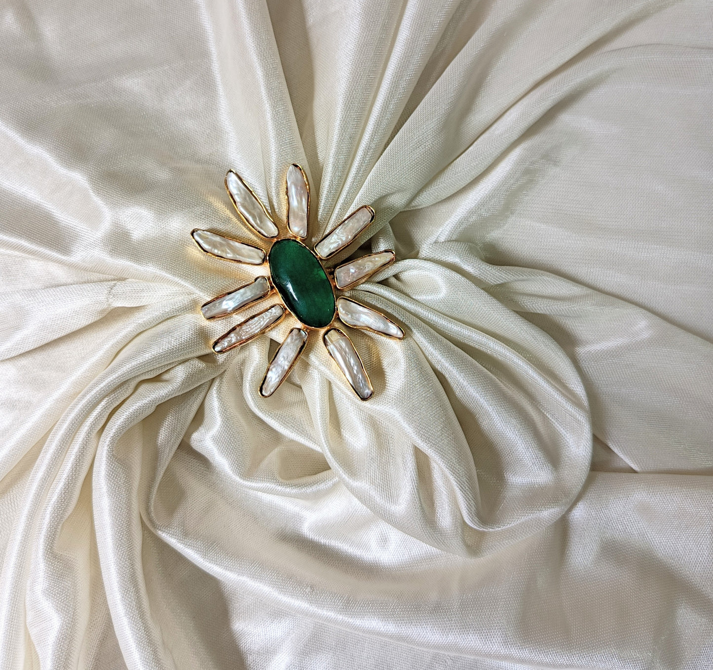 Emerald Sunburst Pearl Statement Ring