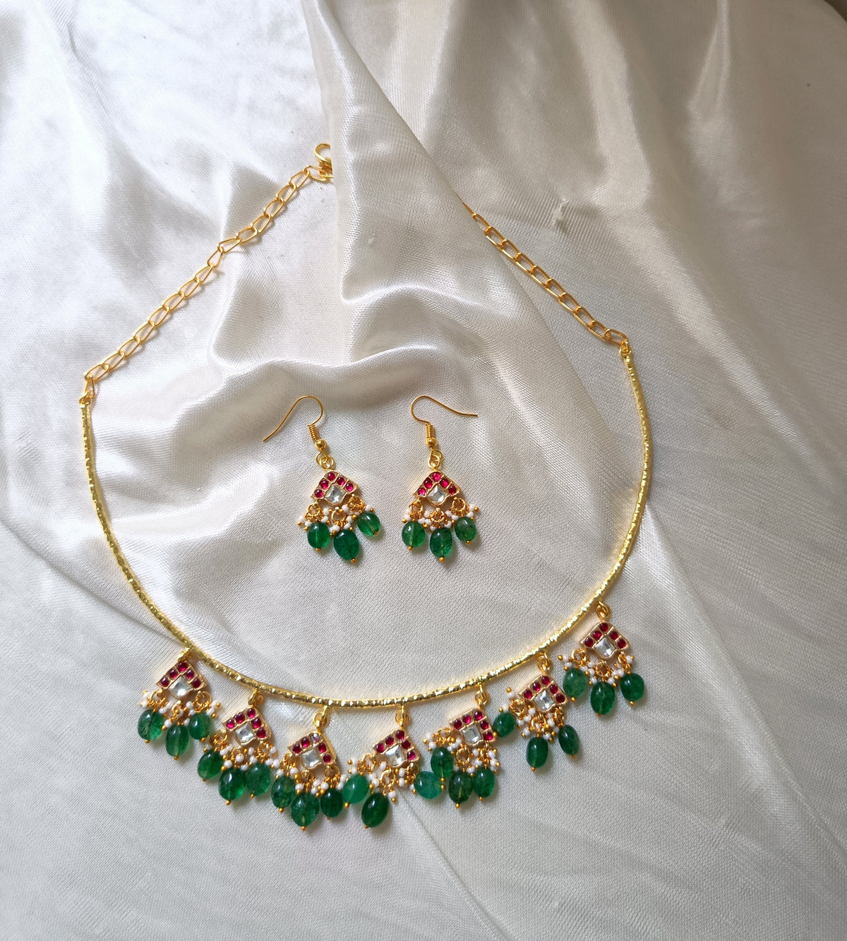 Royal Green Beaded Hasli Necklace Set with Earrings