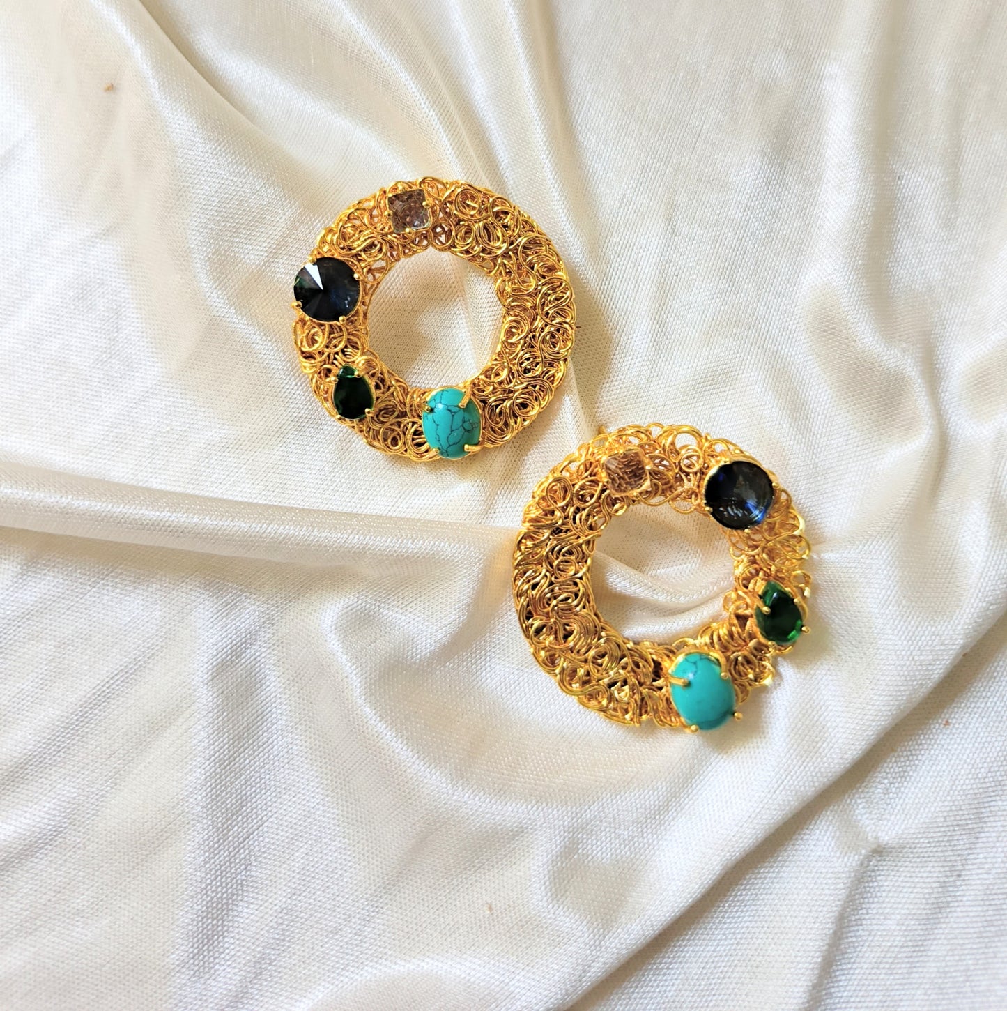 Gold Filigree Circle Earrings with Multicolor Gemstones