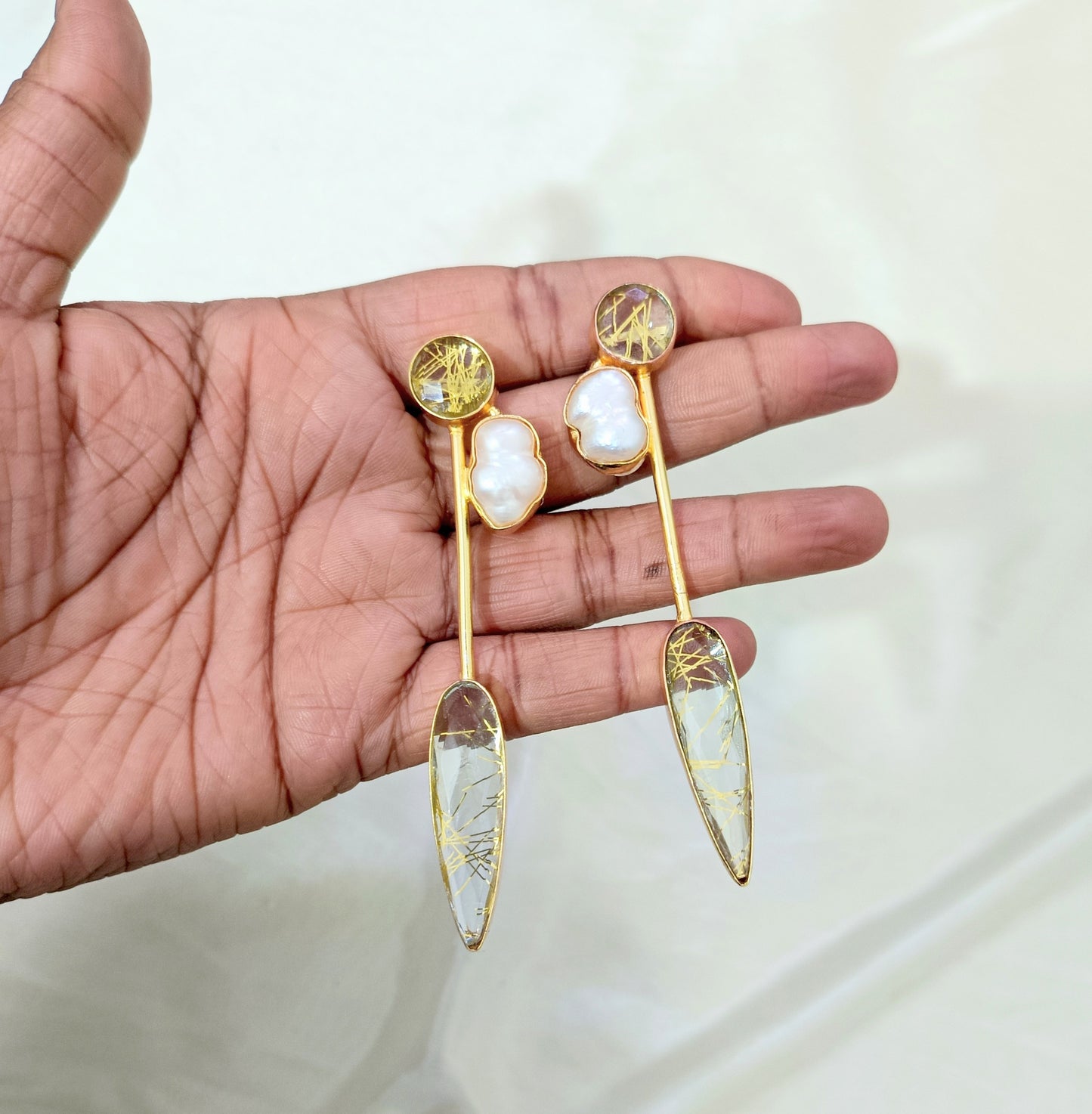 Minimalist Gold Plated Rutile Quartz Pearl Linear Earring