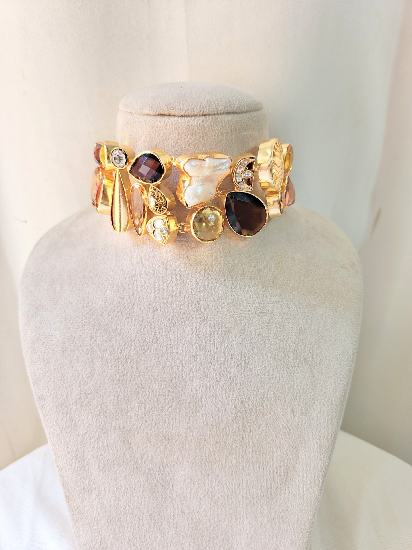 Golden Amber Multi-Stone Statement Necklace Set with Earrings