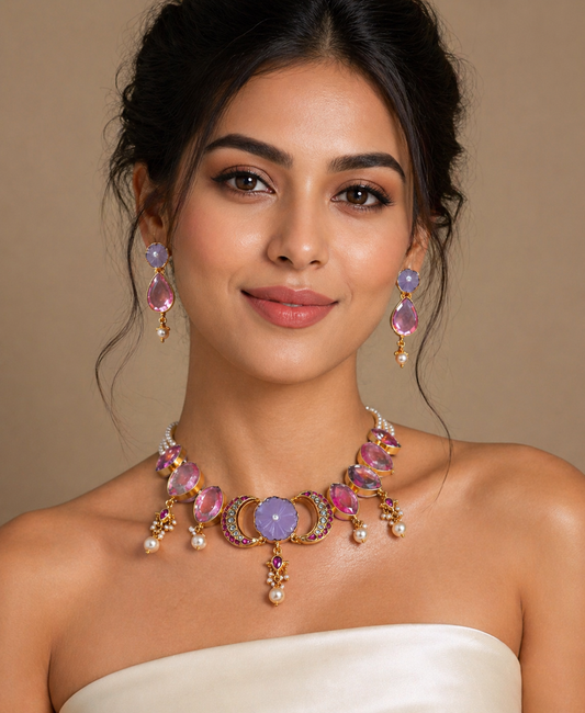 Elegant Floral Stone Necklace Set with Pearl Dangling Earrings