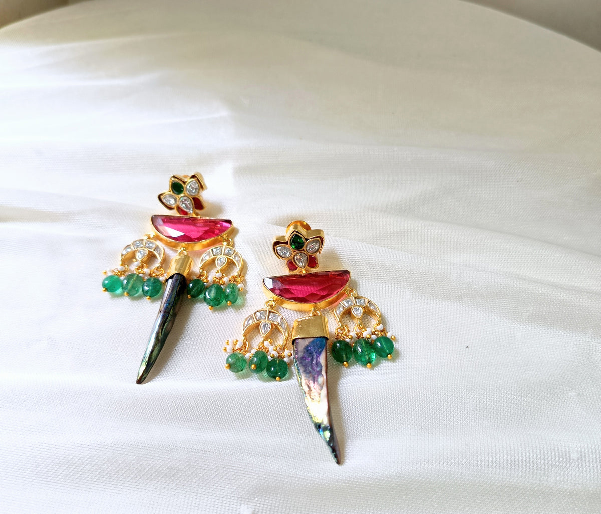 Pink & Emerald Kundan Statement Earrings