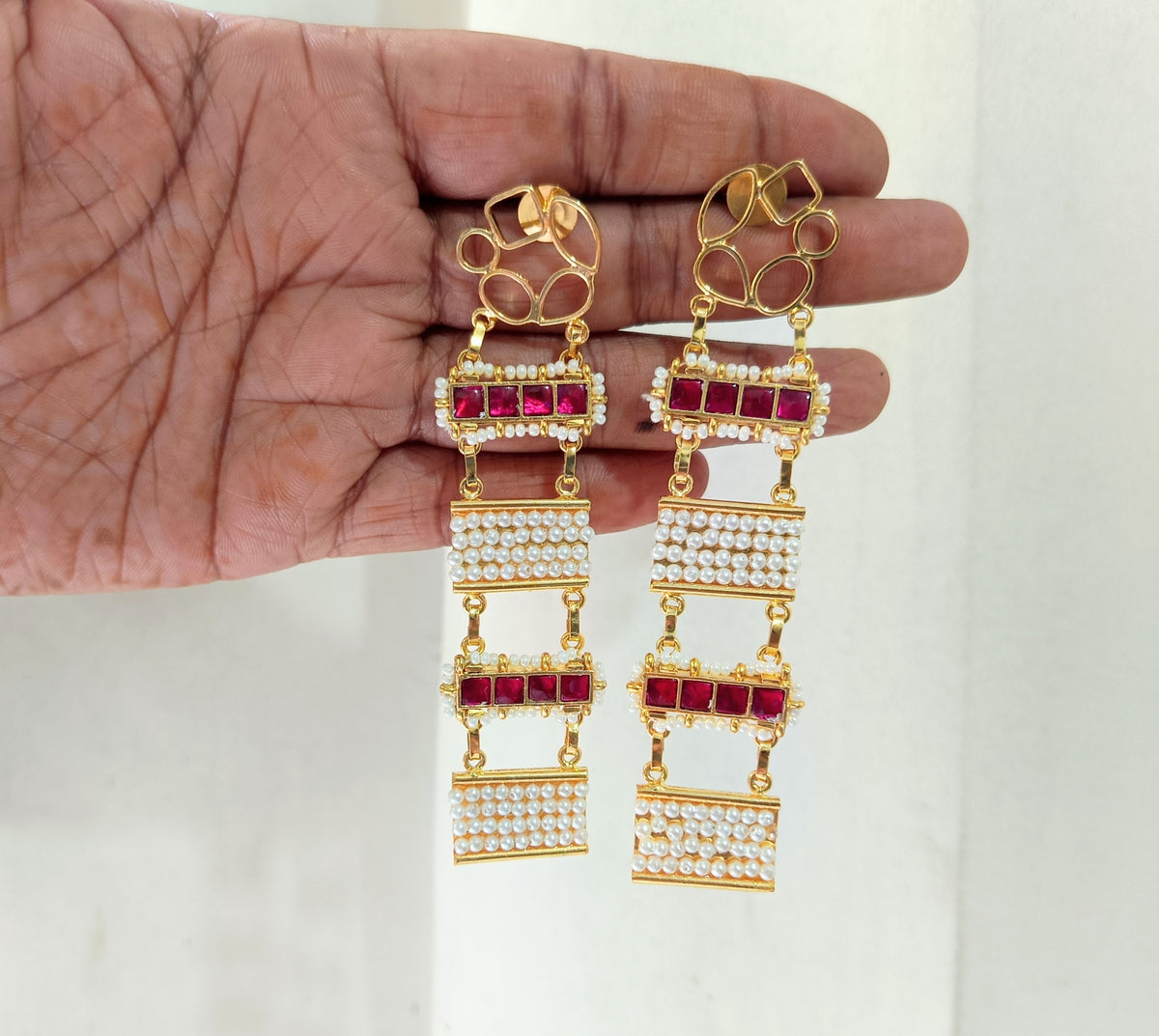 Ruby Pearl Long Drop Earrings