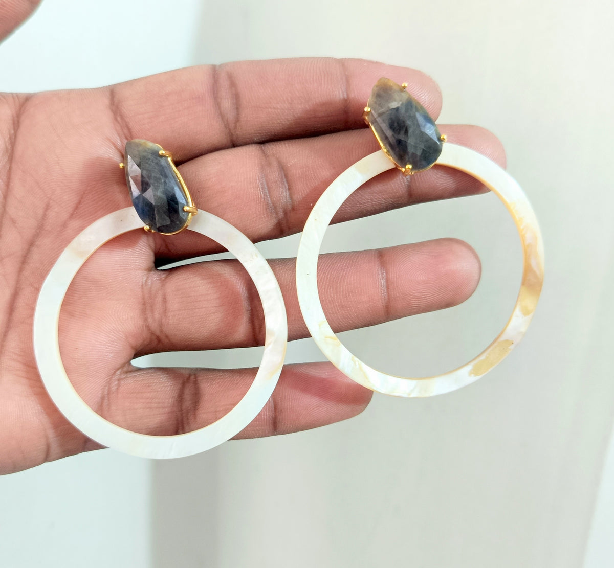 Natural Gemstones & Mother of Pearl Statement Hoop Earrings