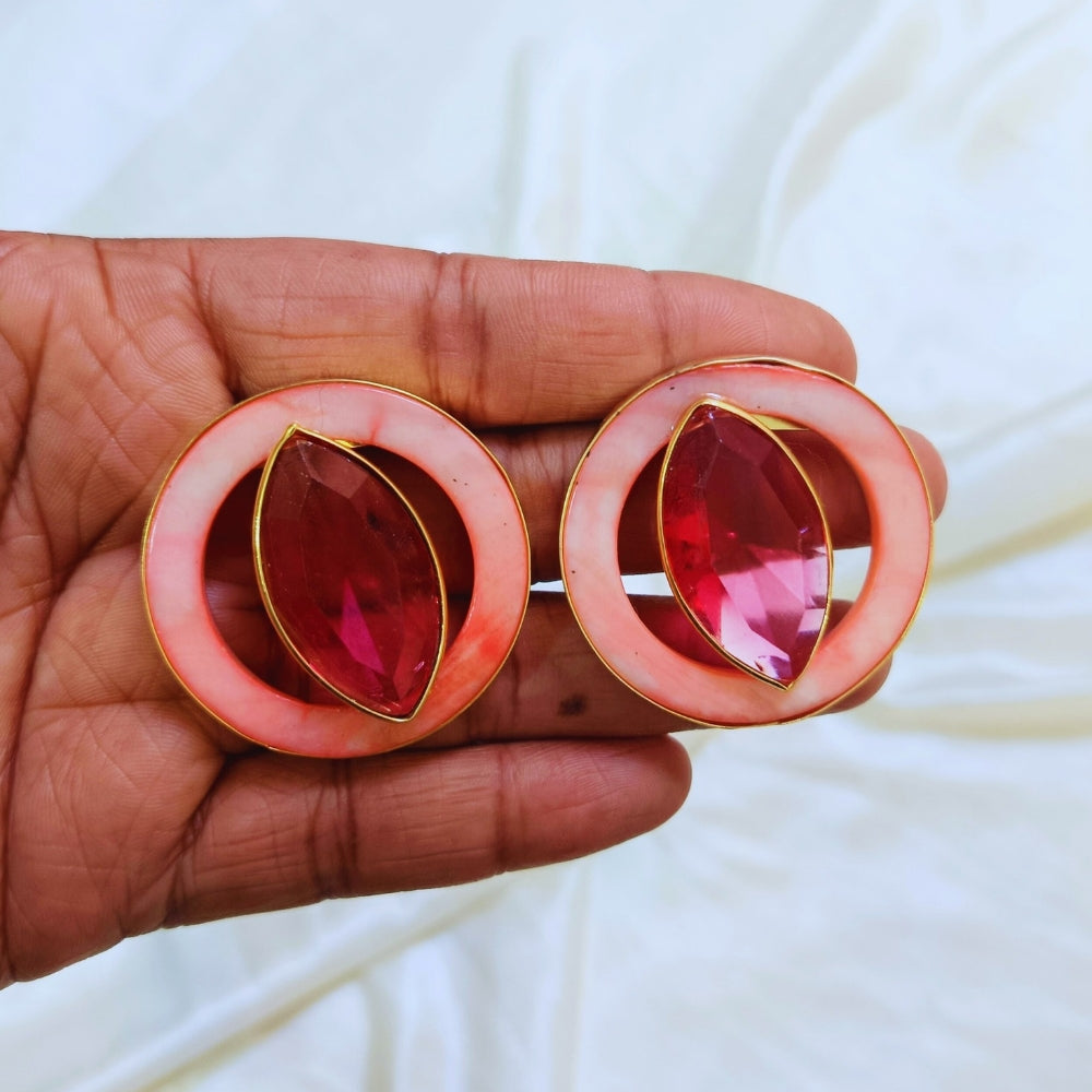 Bold Pink and Green Stone Statement Circle Stud Earring