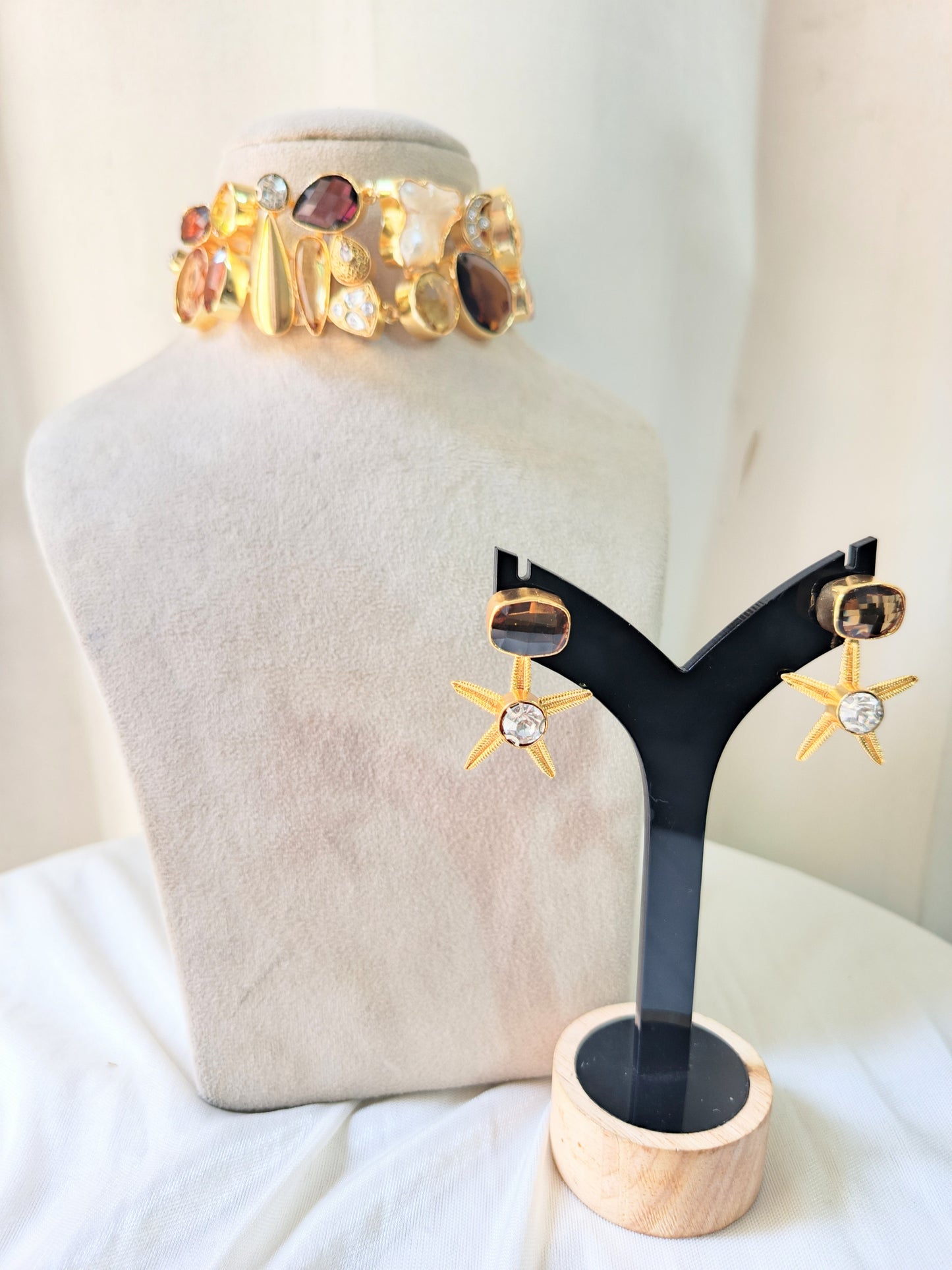 Golden Amber Multi-Stone Statement Necklace Set with Earrings