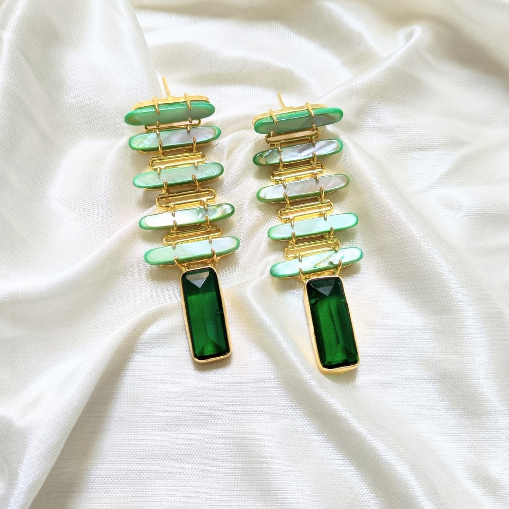 Green Gemstone & Pearl Layered Long Drop Earring