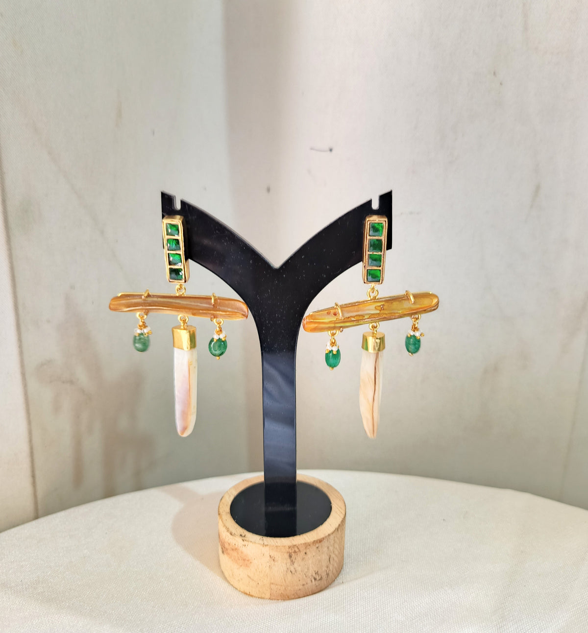 Statement Gold Bar Mother of Pearl & Green Kundan Earrings