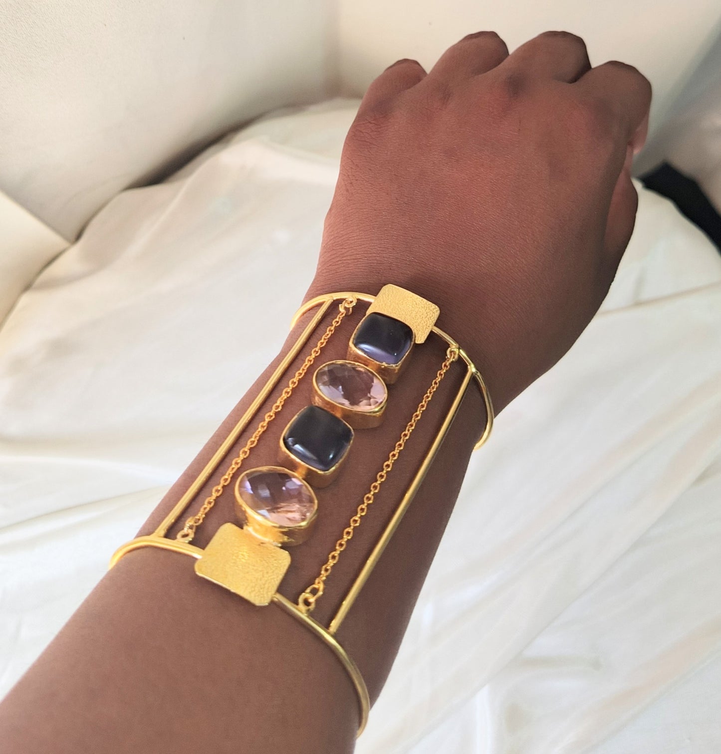 Elegant Gold Statement Cuff Bracelet with Multicolor Gemstones