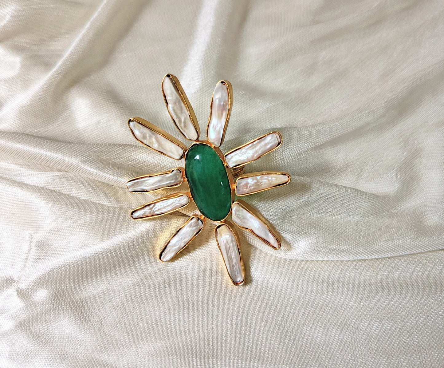Emerald Sunburst Pearl Statement Ring