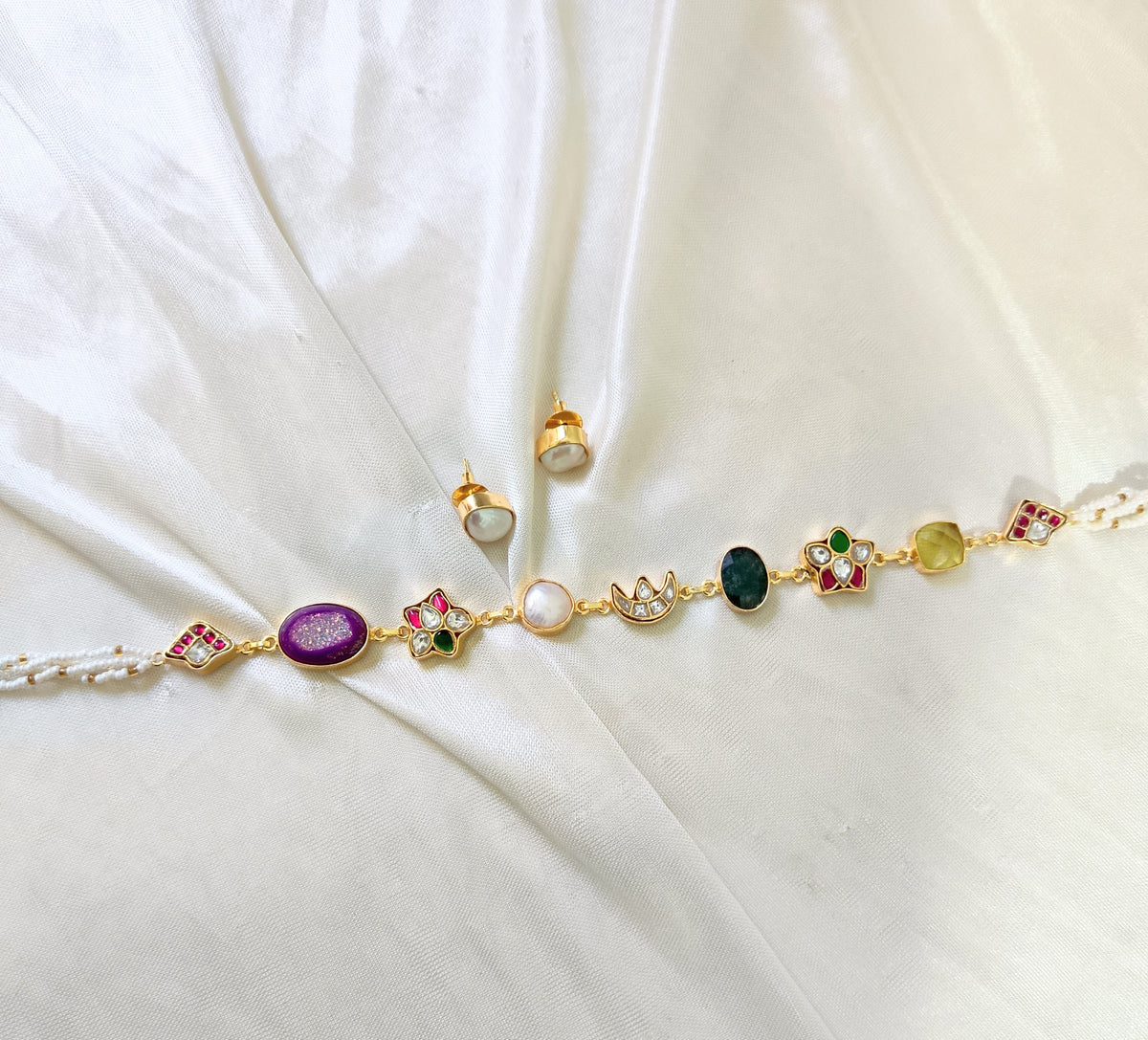 Designer Kundan Gold-Plated Multicolor Stone Choker Set with Pearl Stud