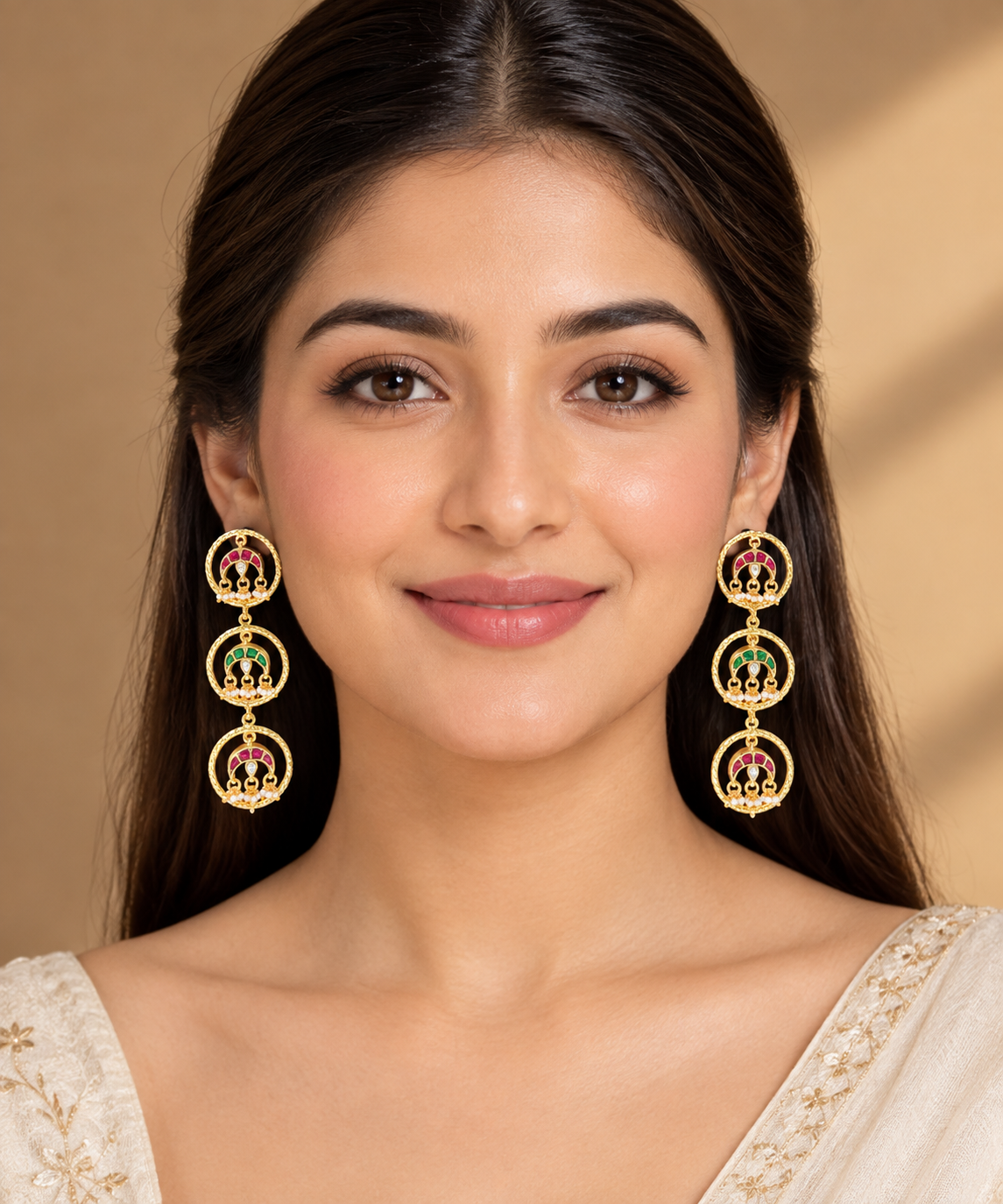 Elegant Multicolor Stone Chandbali Inspired Long Earrings