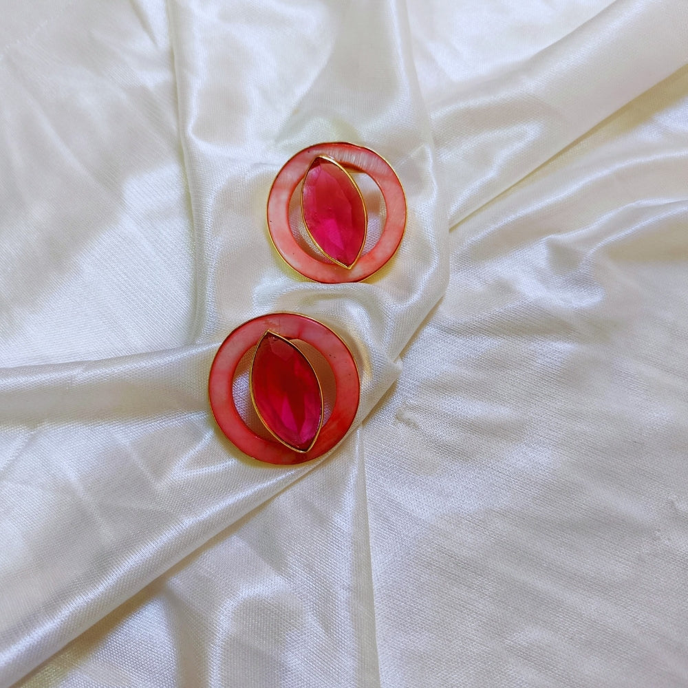 Bold Pink and Green Stone Statement Circle Stud Earring