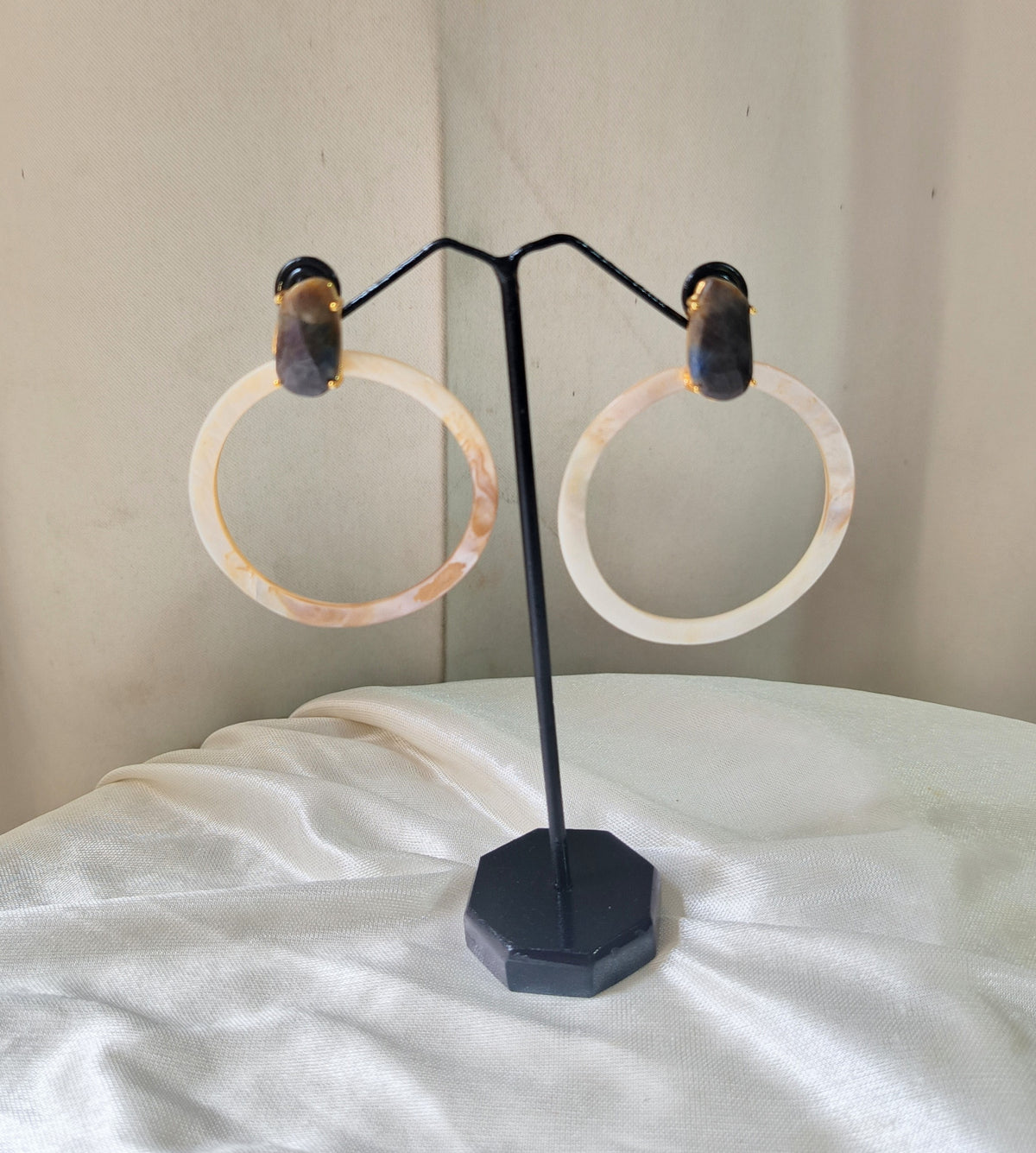 Natural Gemstones & Mother of Pearl Statement Hoop Earrings