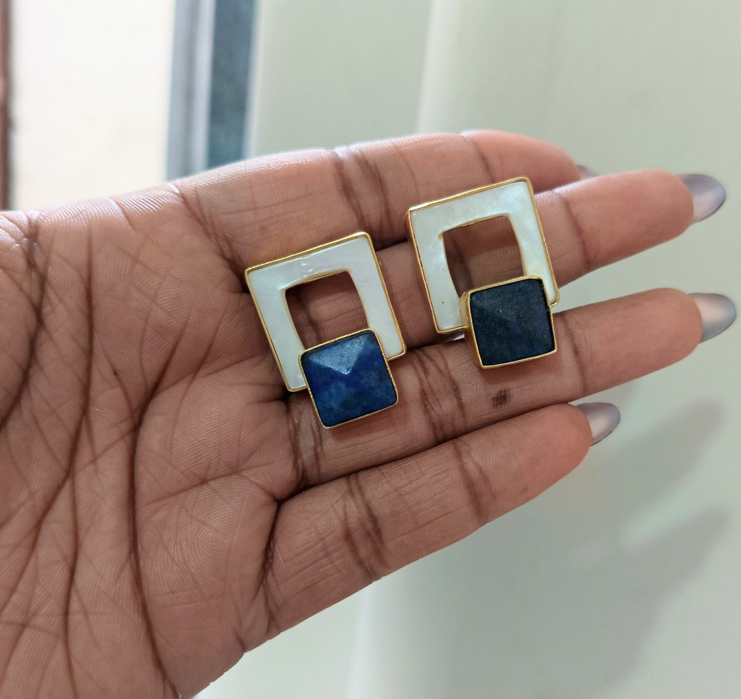 Geometric Stone Stud Earrings, Mother of Pearl Statement Studs