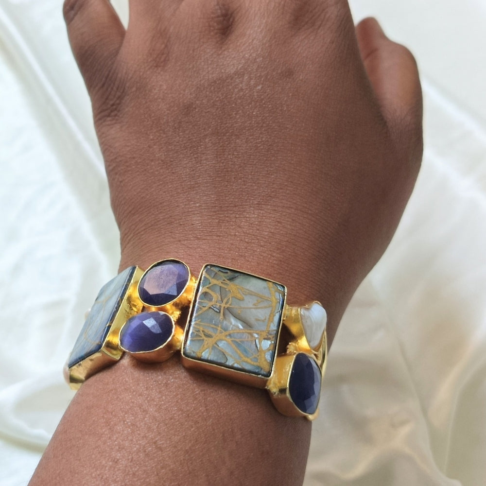 Gold Handcuff Cuff Bracelet with Pearl Accent