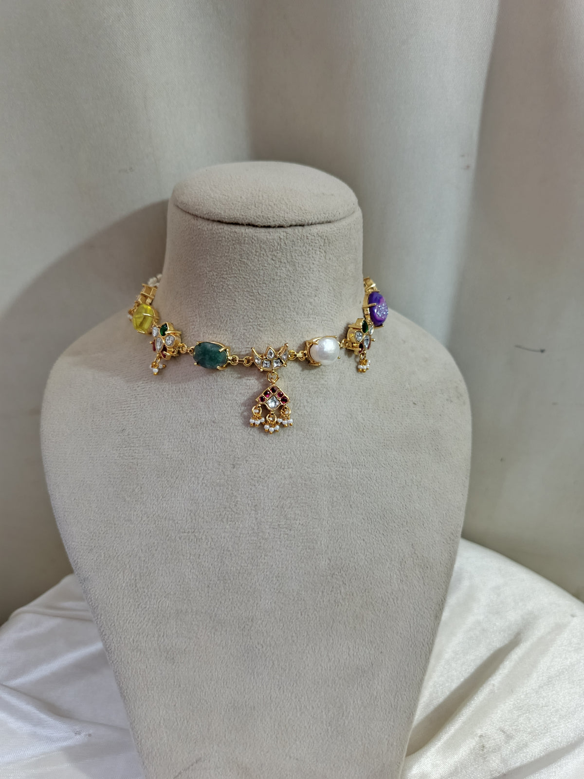 Statement Multicolor Choker Set with Traditional Drop Earrings
