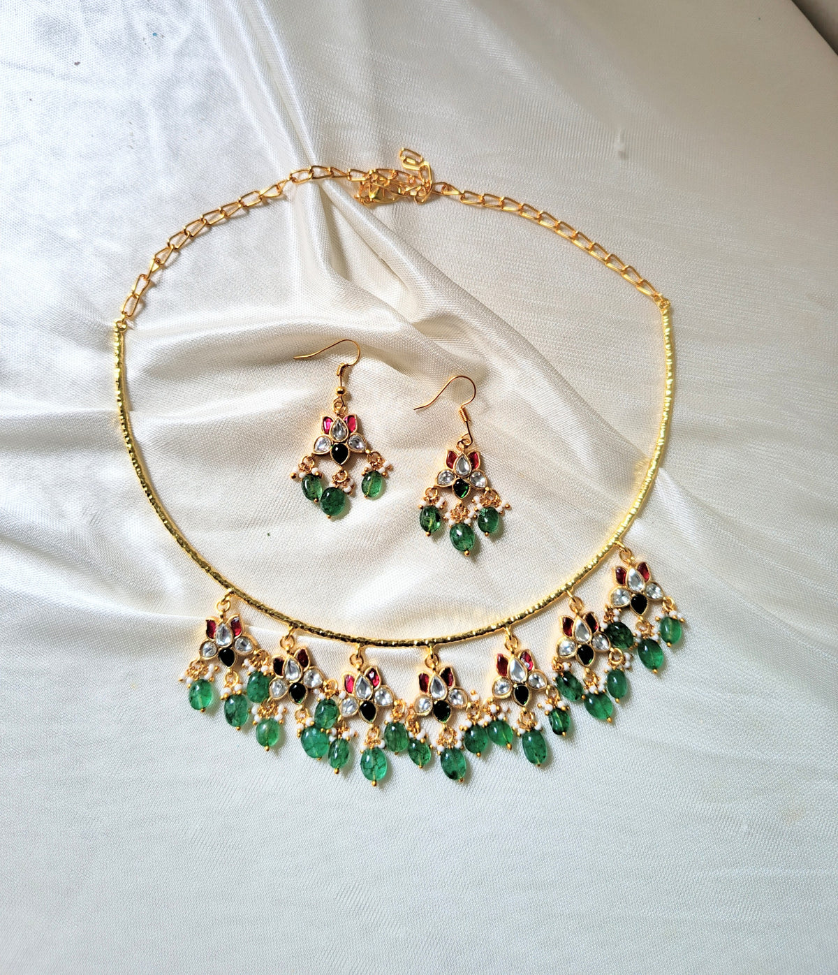 Royal Green Beaded Hasli Necklace Set with Earrings