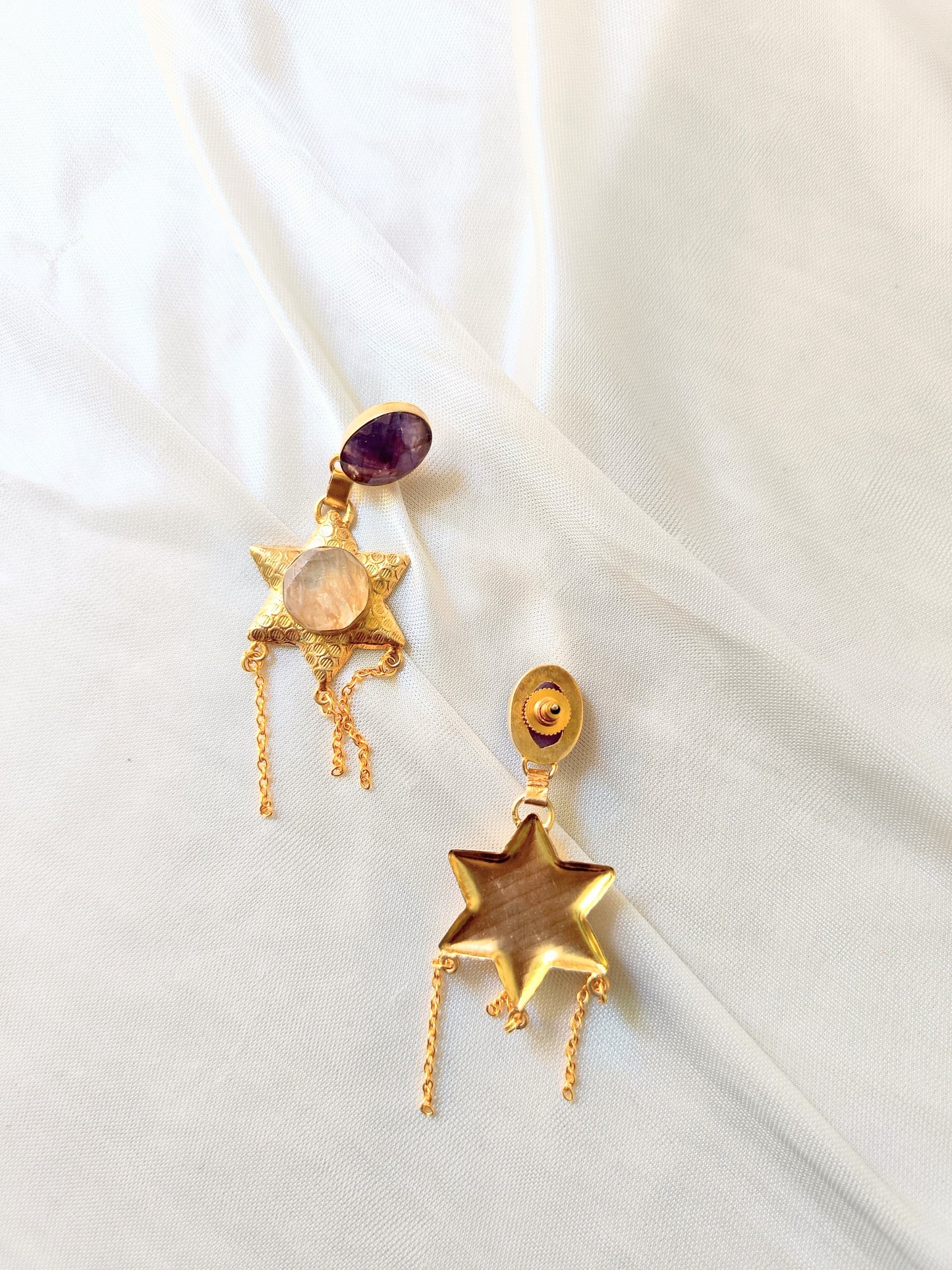 Gold Star Drop Earrings with Amethyst