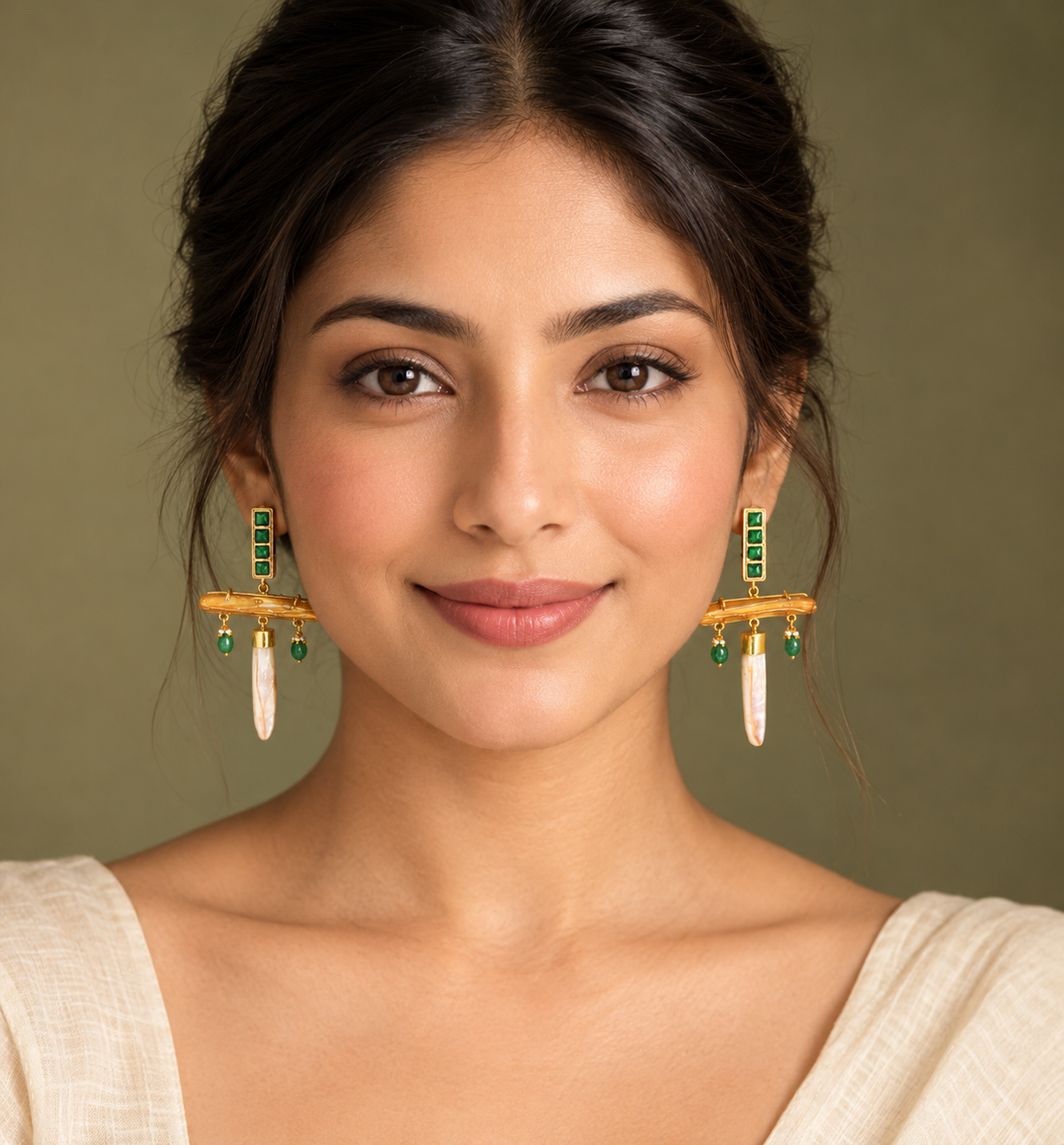 Statement Gold Bar Mother of Pearl & Green Kundan Earrings