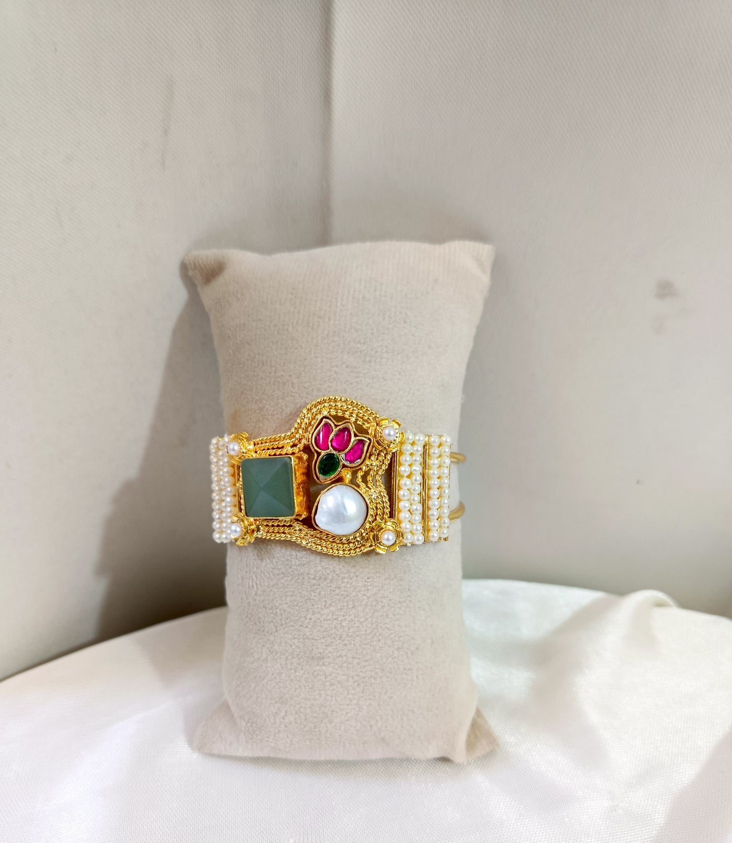 Royal Kundan Pearl & Green Stone Gold-Plated Statement Handcuff