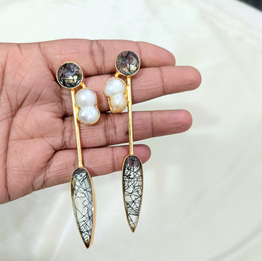 Minimalist Gold Plated Rutile Quartz Pearl Linear Earring