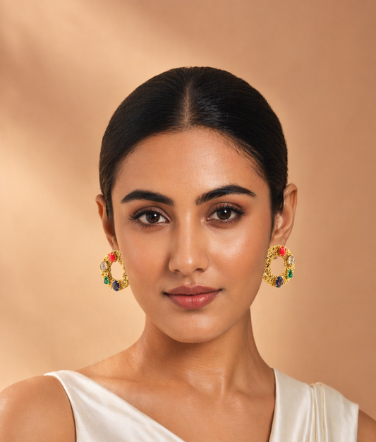 Gold Filigree Circle Earrings with Multicolor Gemstones