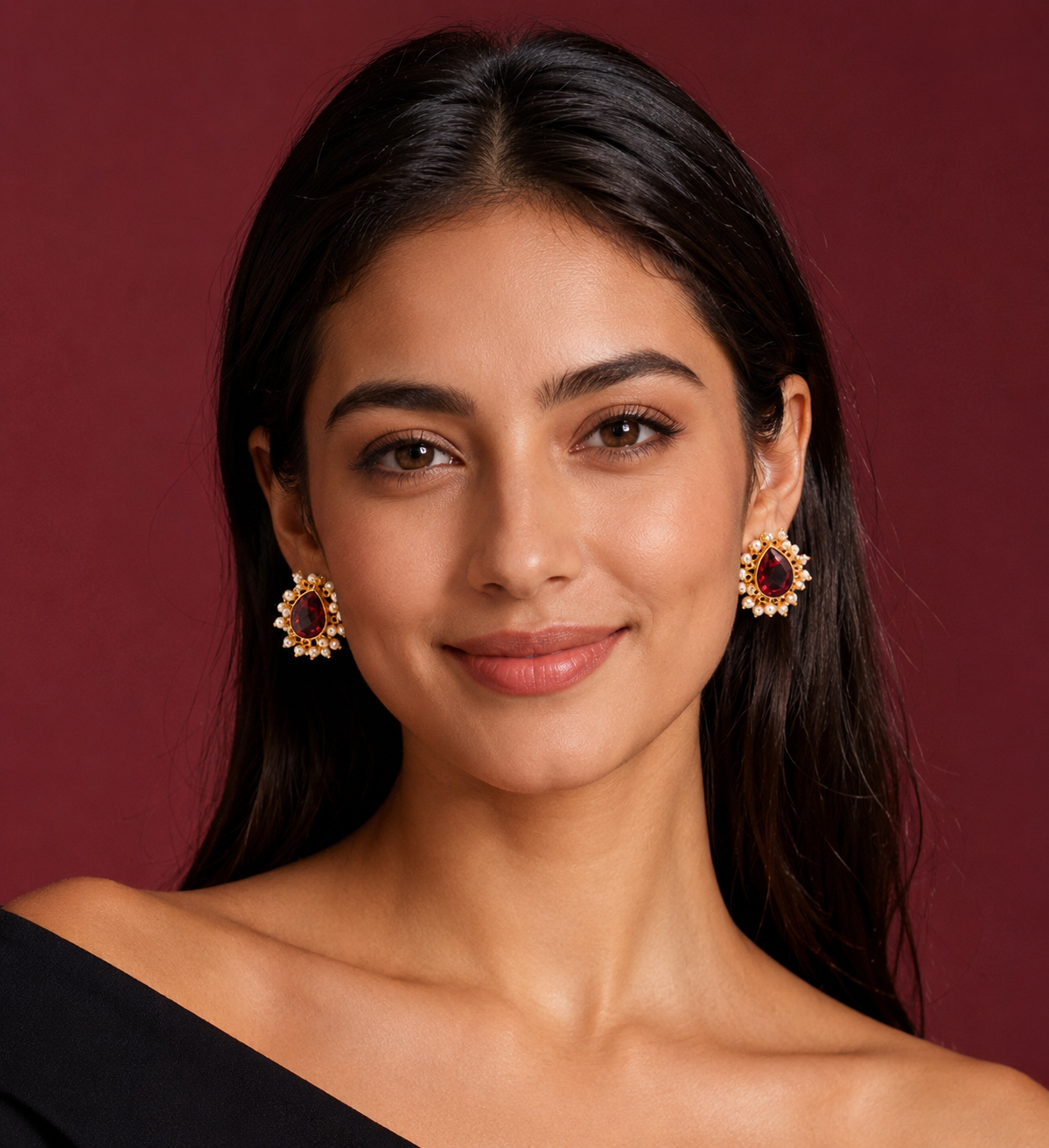 Elegant Ruby Stone Pearl Studs