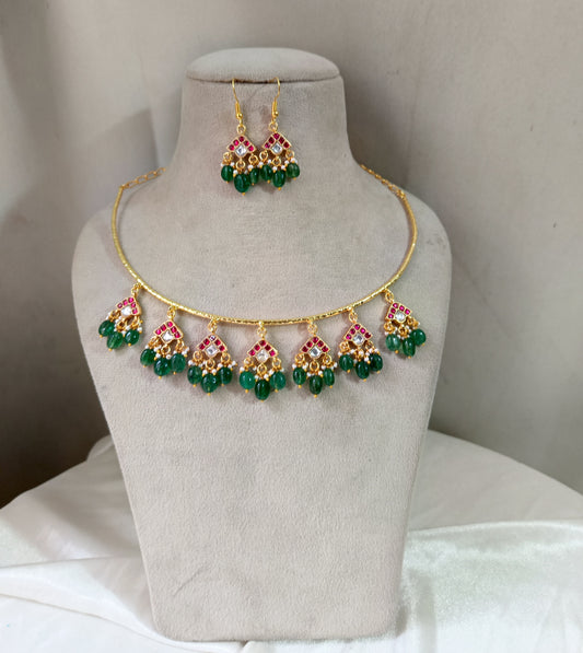 Royal Green Beaded Hasli Necklace Set with Earrings