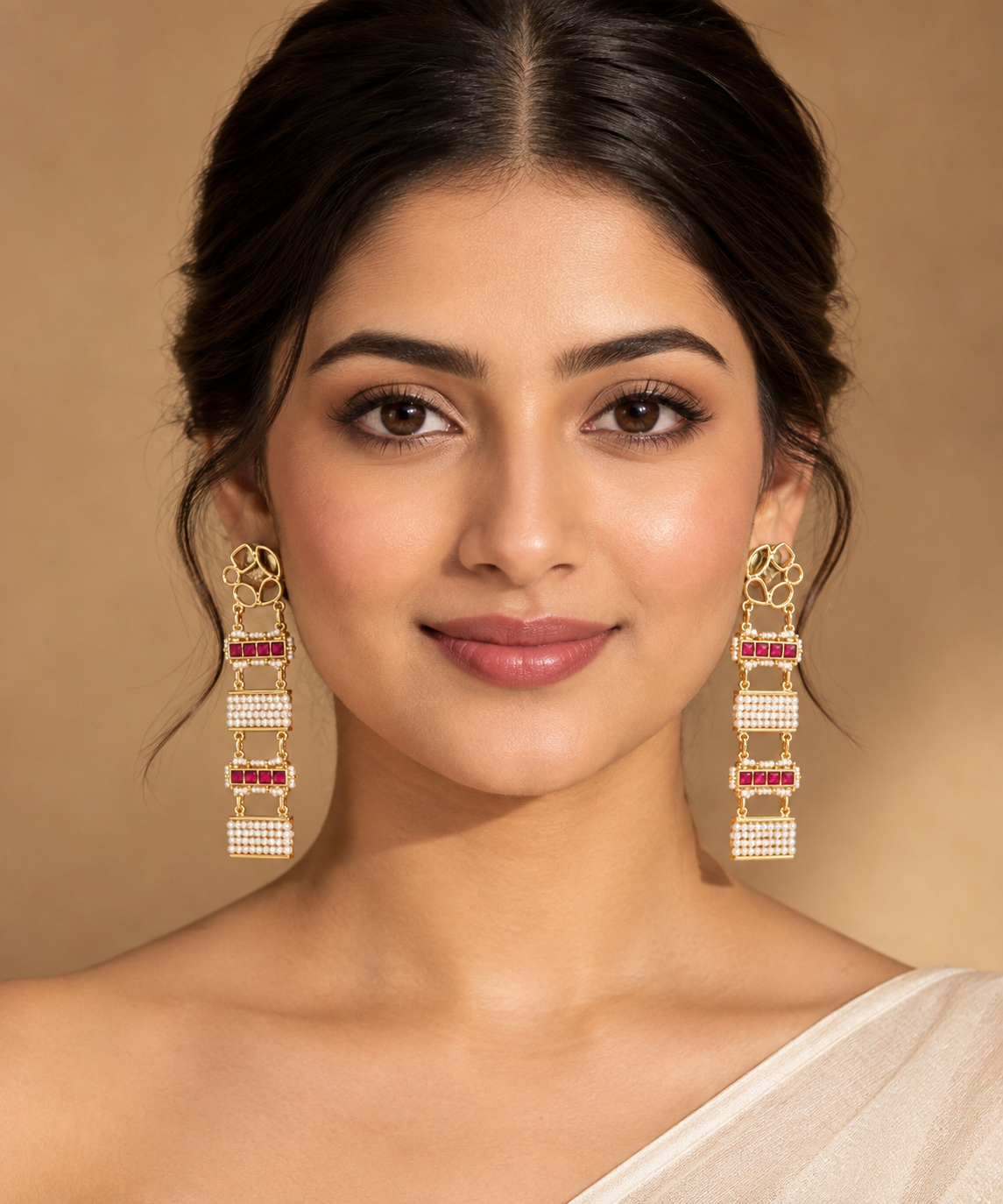 Ruby Pearl Long Drop Earrings