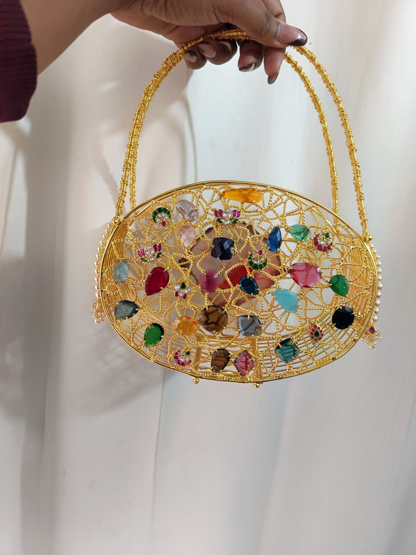 Multi-Stone Embellished Gold Metal Clutch Bag