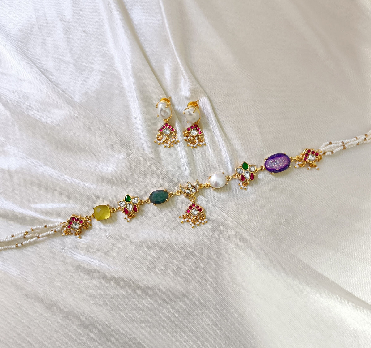 Statement Multicolor Choker Set with Traditional Drop Earrings
