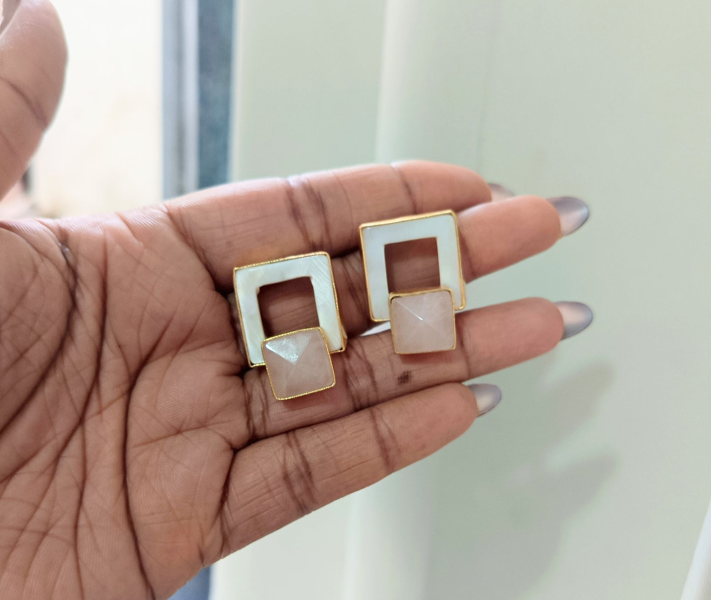 Geometric Stone Stud Earrings, Mother of Pearl Statement Studs