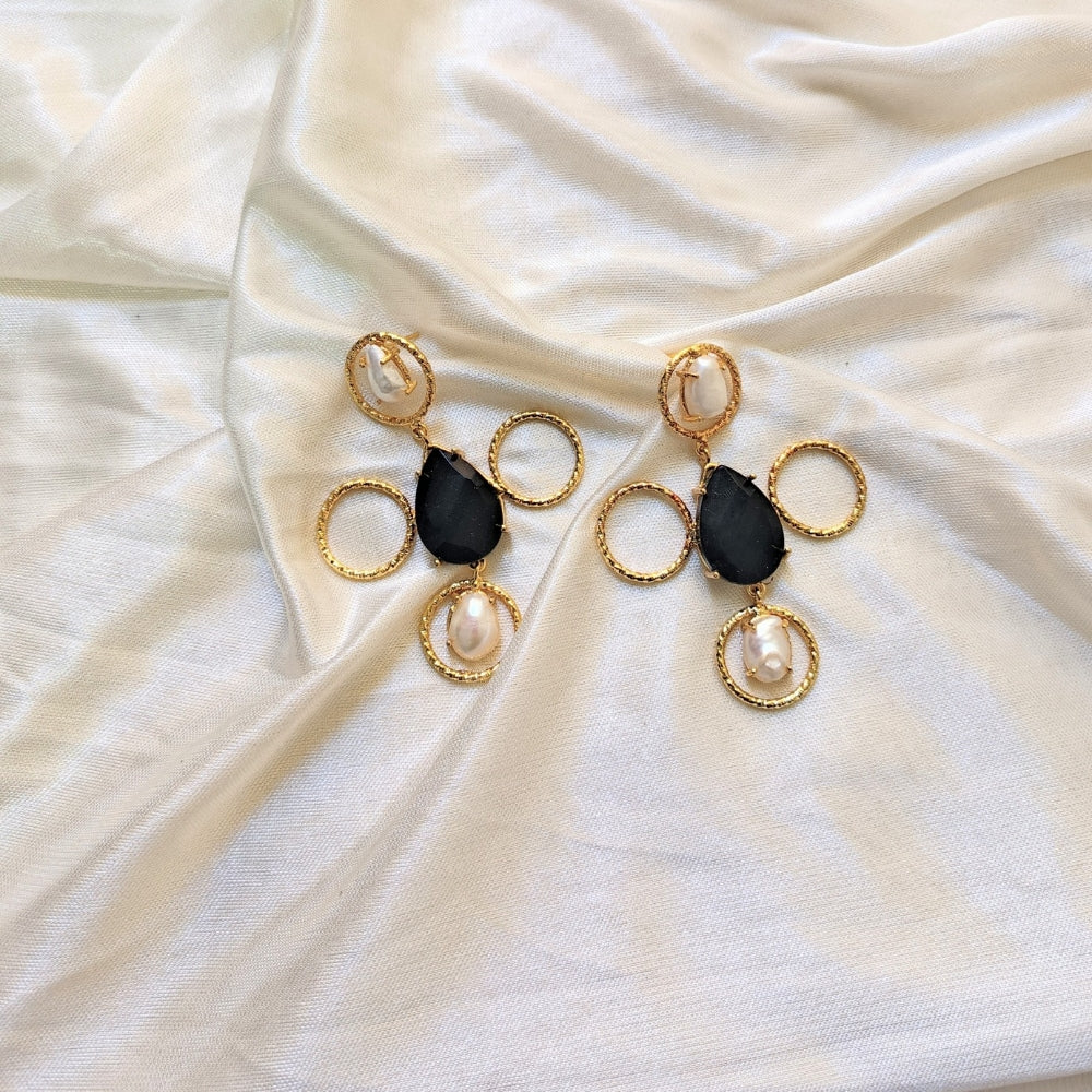 Modern Gold plated Black and Pearl designer Drop Earring