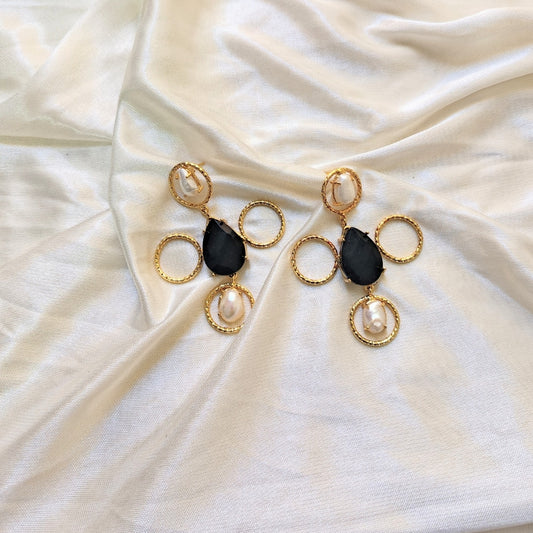 Modern Gold plated Black and Pearl designer Drop Earring