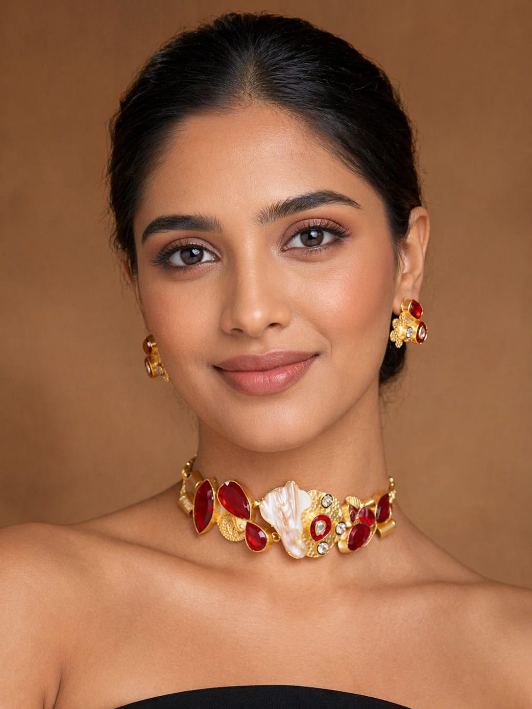 Luxury Ruby-Tone Statement Necklace Set with Baroque Pearl & Earrings
