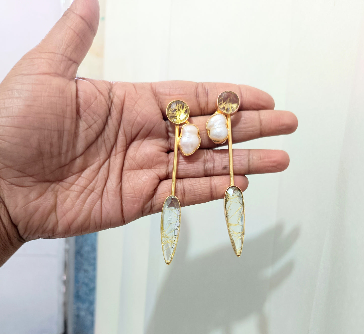 Minimalist Gold Plated Rutile Quartz Pearl Linear Earring