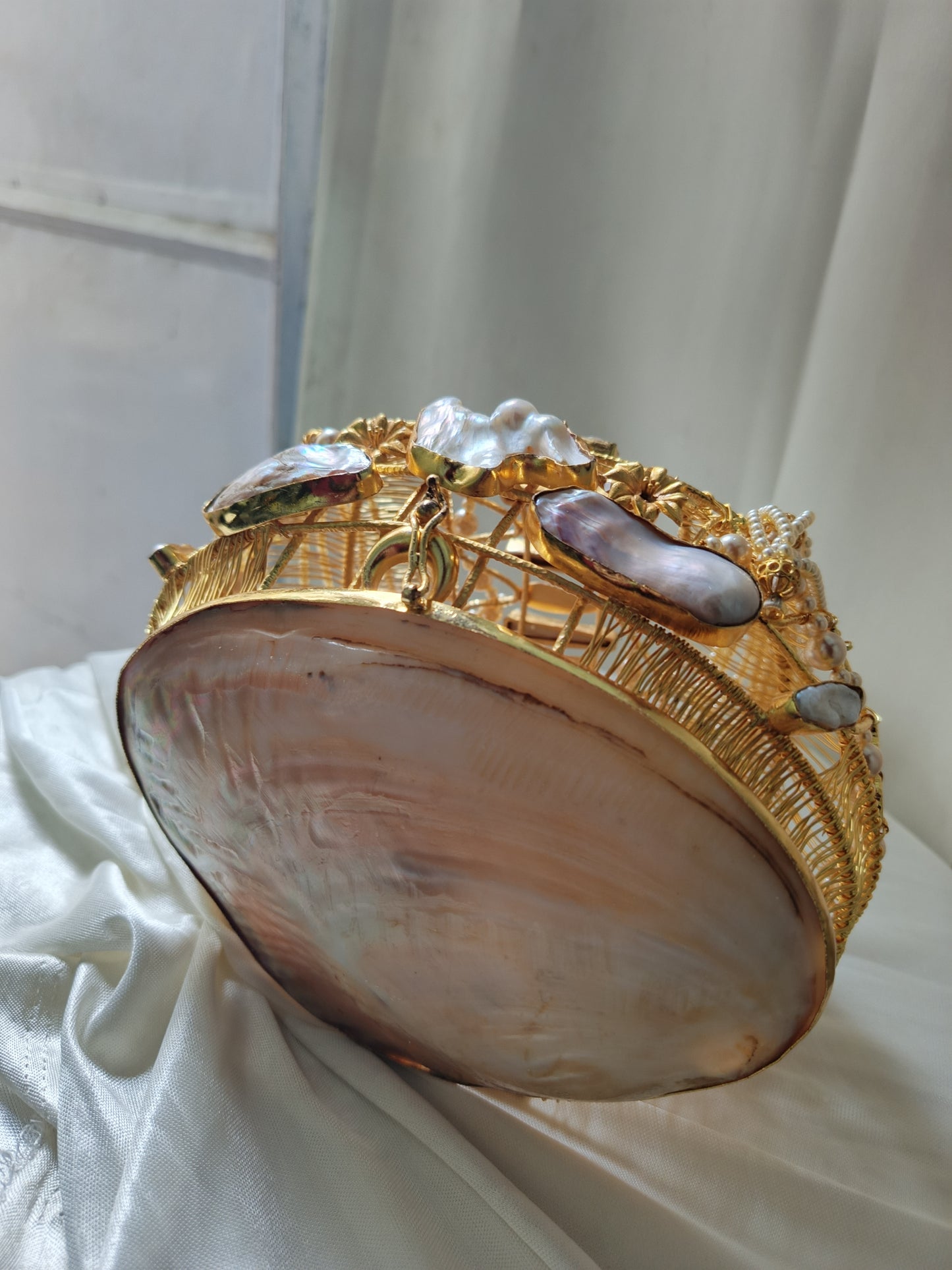 Handcrafted Mother of Pearl Shell Bag with Pearl Handle